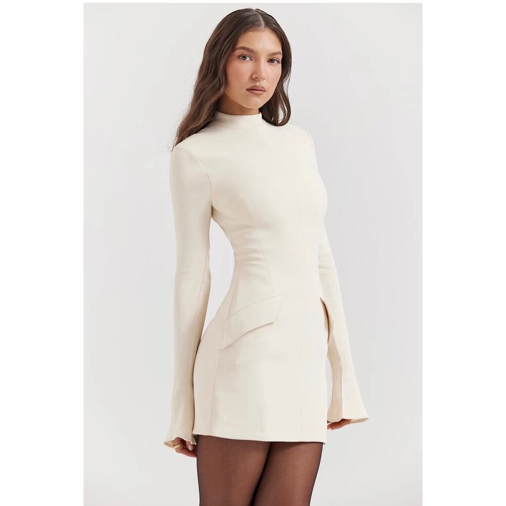 HOUSE OF CB Mahalia High Neck Long Sleeve Minidress Cream Size Medium Tall - Picture 5 of 16